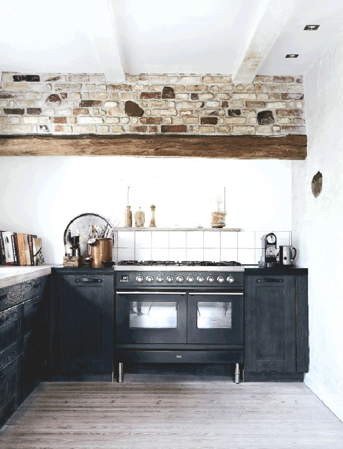 nordic rustic cottage black kitchen cabinets stove