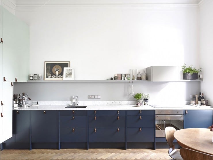 small kitchen design blue cabinets leather pulls