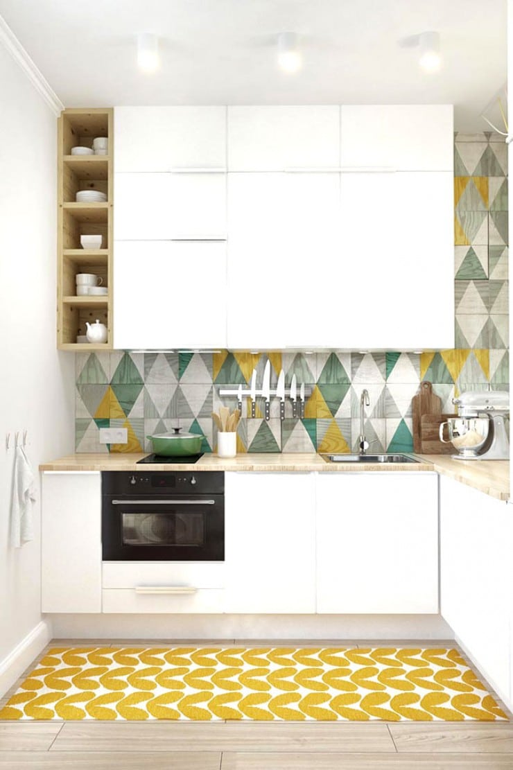 small kitchen design backsplash geometric wood tile