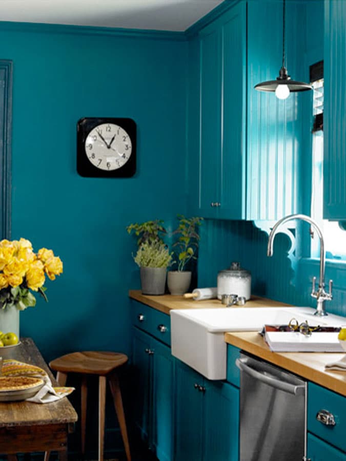 small kitchen design turquoise blue cabinets
