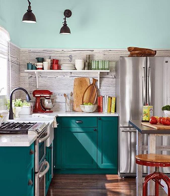 small kitchen design teal cabinets
