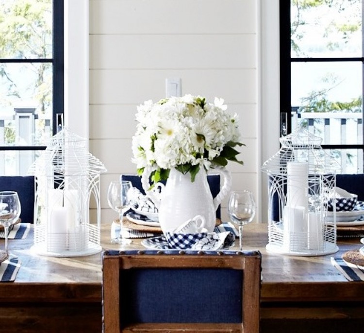 Modern Country Cottage Dining Room fresh cut white flowers in pitcher