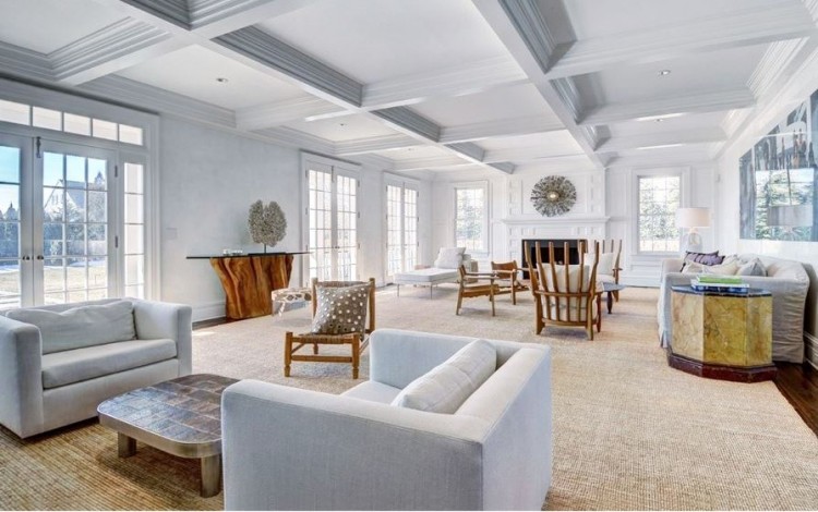 House Tour East Hampton Mansion Living Room Coffered Ceiling