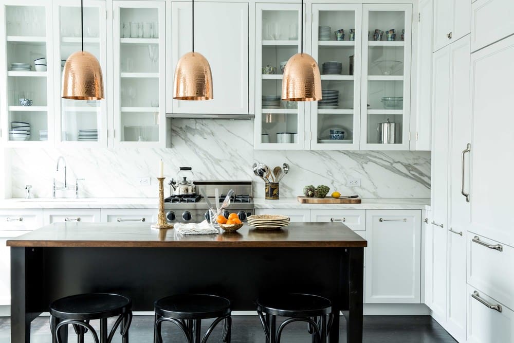 copper kitchen pendant lights marble slab