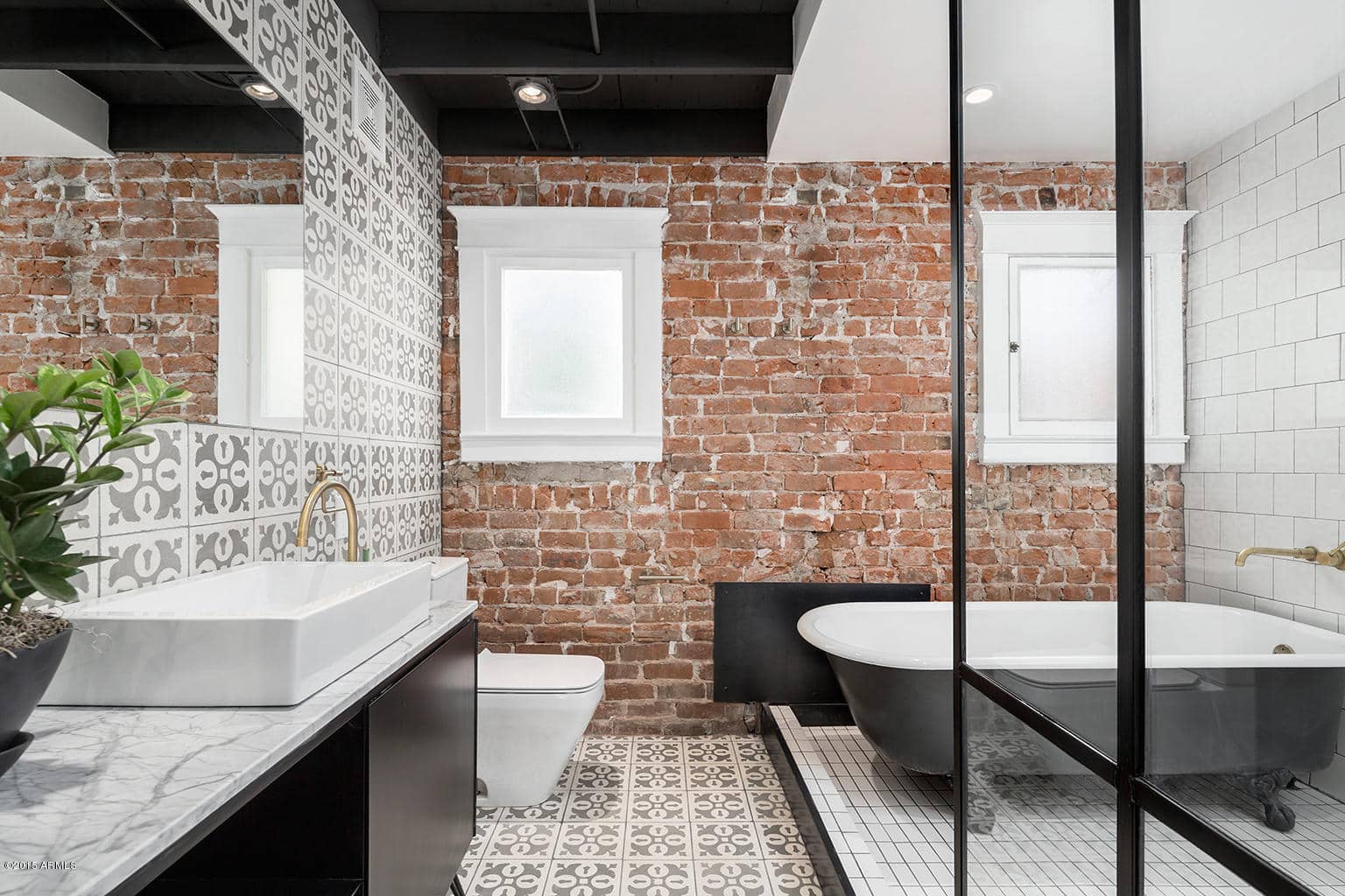 Exposed Brick Wall Modern Bungalow Bathroom Cement Tile Black Tub
