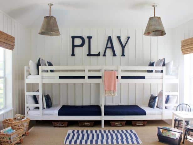 white and blue bedroom with bunk beds