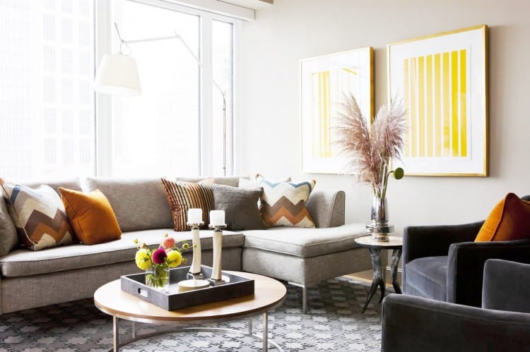 Living room with bright yellow accents