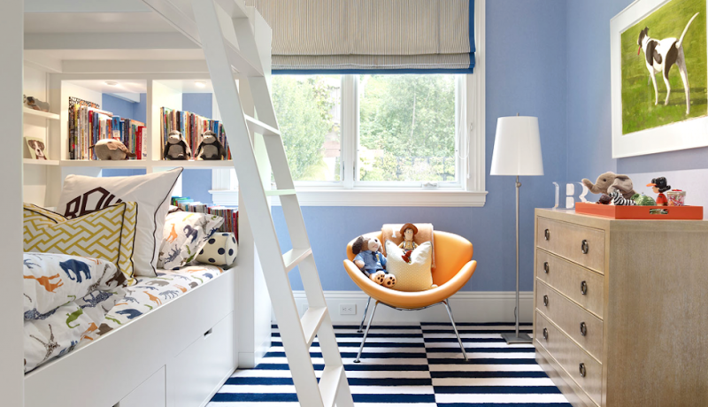 kids room light blue stripe rug bunk beds bedroom roman shade ladder cococozy martha angus