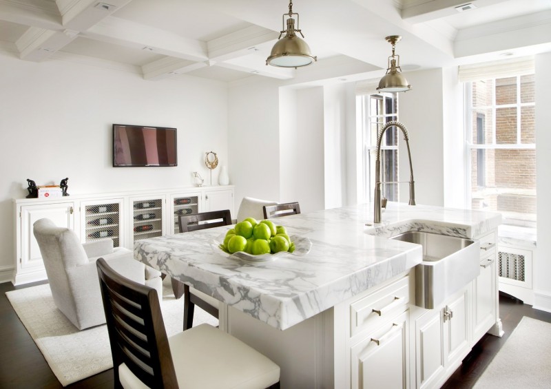 white kitchen marble stainless steel farmhouse sink island chicago apartment cococozy