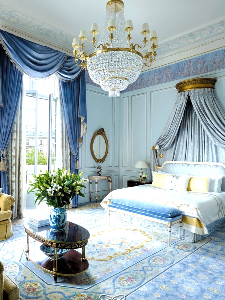 French empire chandeliers blue bedroom