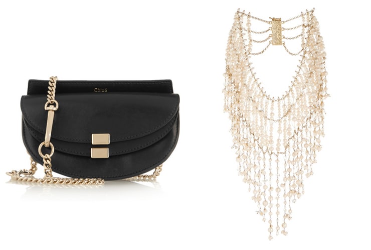 L-R: ROSANTICA Ninfea gold-tone, pearl and rock crystal necklace, CHLOÉ Georgia convertible leather belt bag