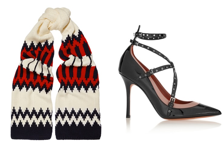 L-R: Chloe Snow Capsule intarsia wool scarf, Valentino Love Latch eyelet-embellished patent-leather pumps