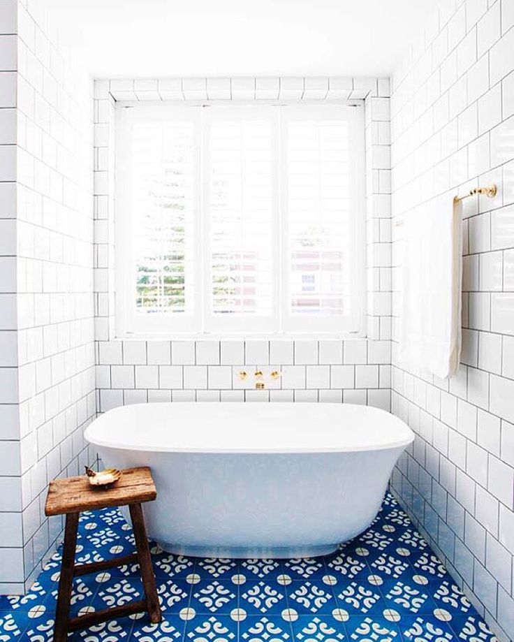 White-bathroom-stand-alone-tub-subway-tile-blue-cement-tile-cococozy-halcyonhouse-blackandspiro