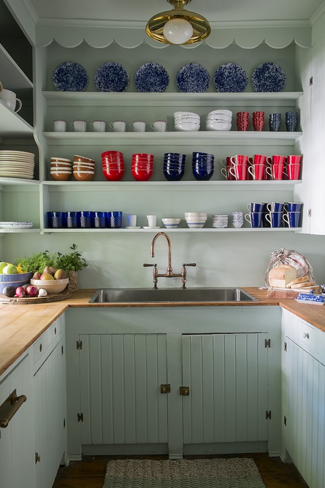 small kitchen light blue open shelves butcher block counter copper faucet cococozy studiomrs