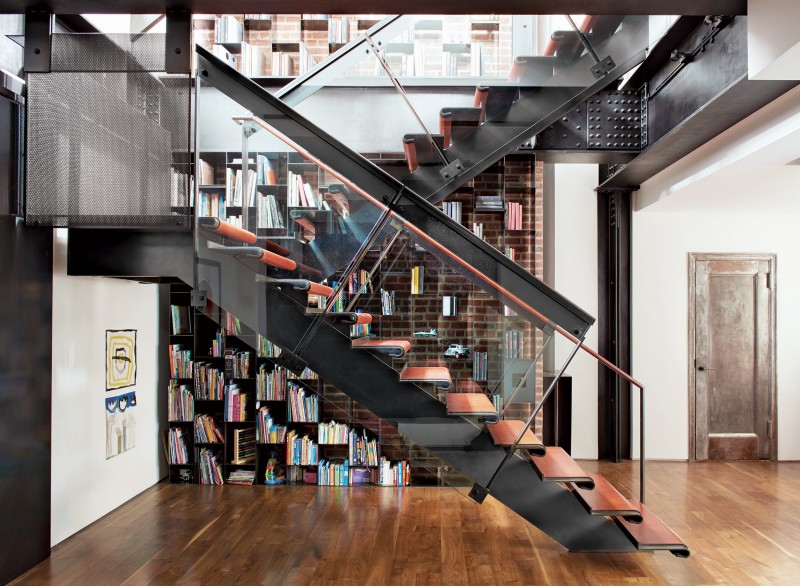 Glass steel leather staircase NYC apartment stairs