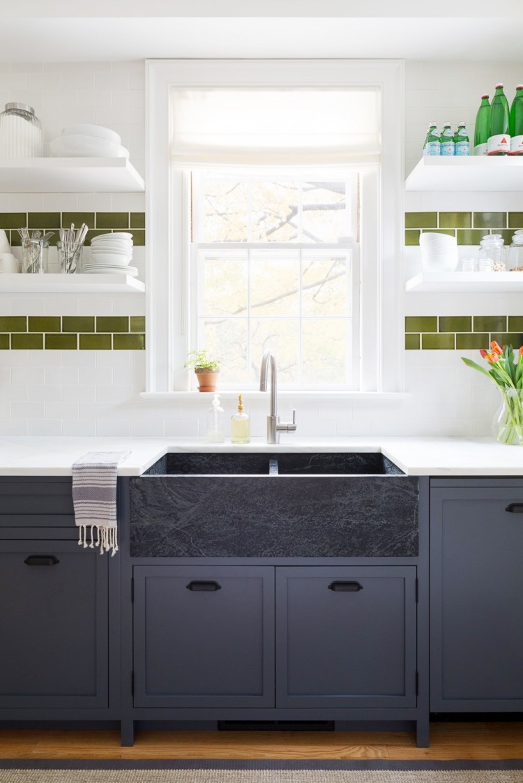 Cutest Kitchen Remodel - Navy blue cabinets soapstone sink