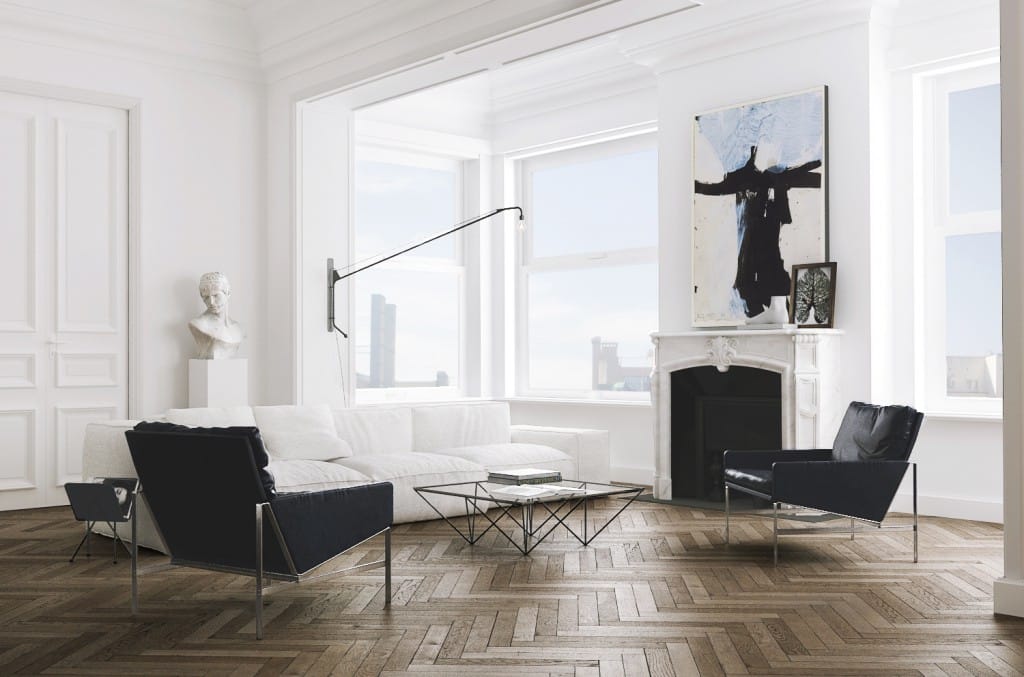 Herringbone wood floors apartment living room
