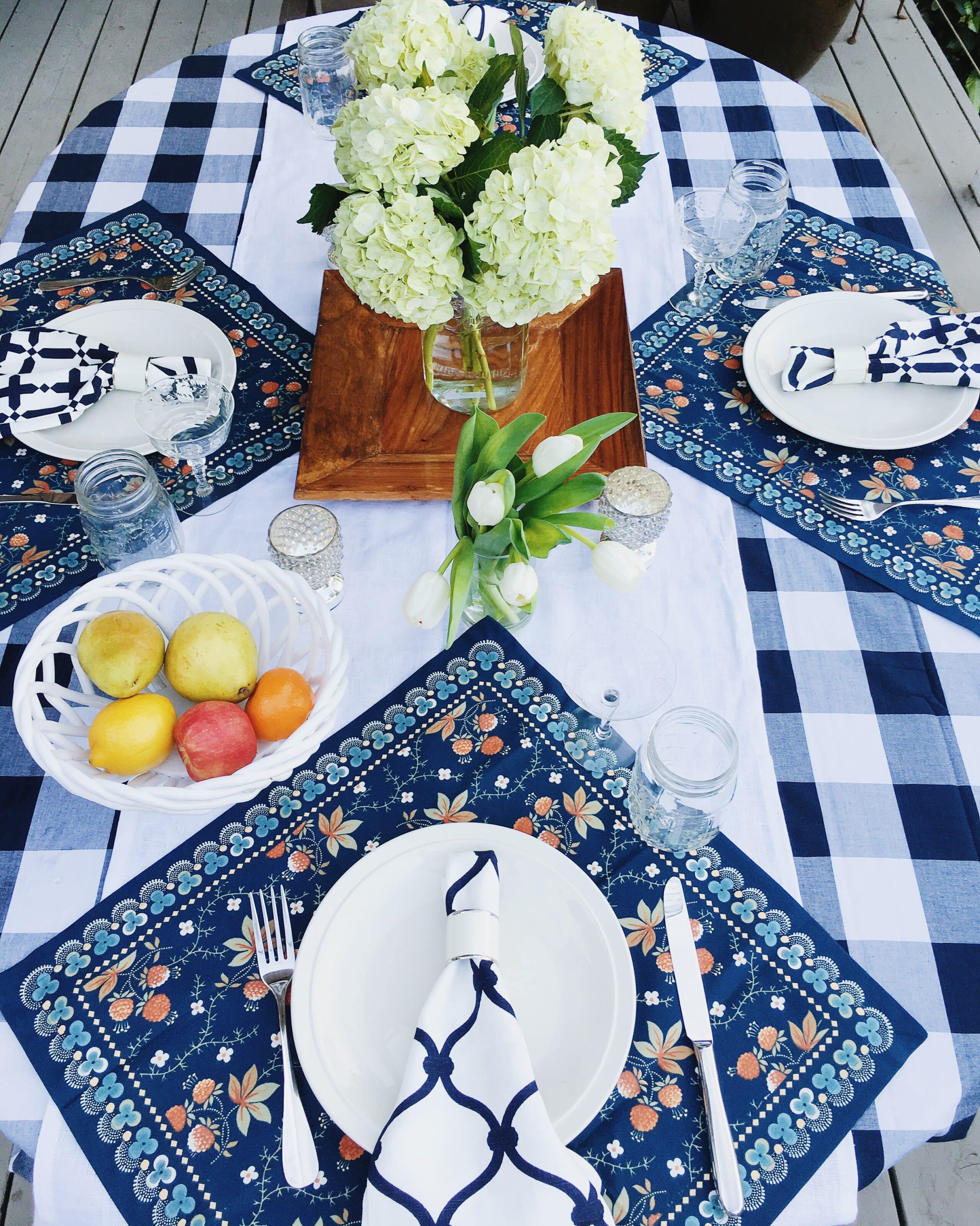 Blue White picnic table setting
