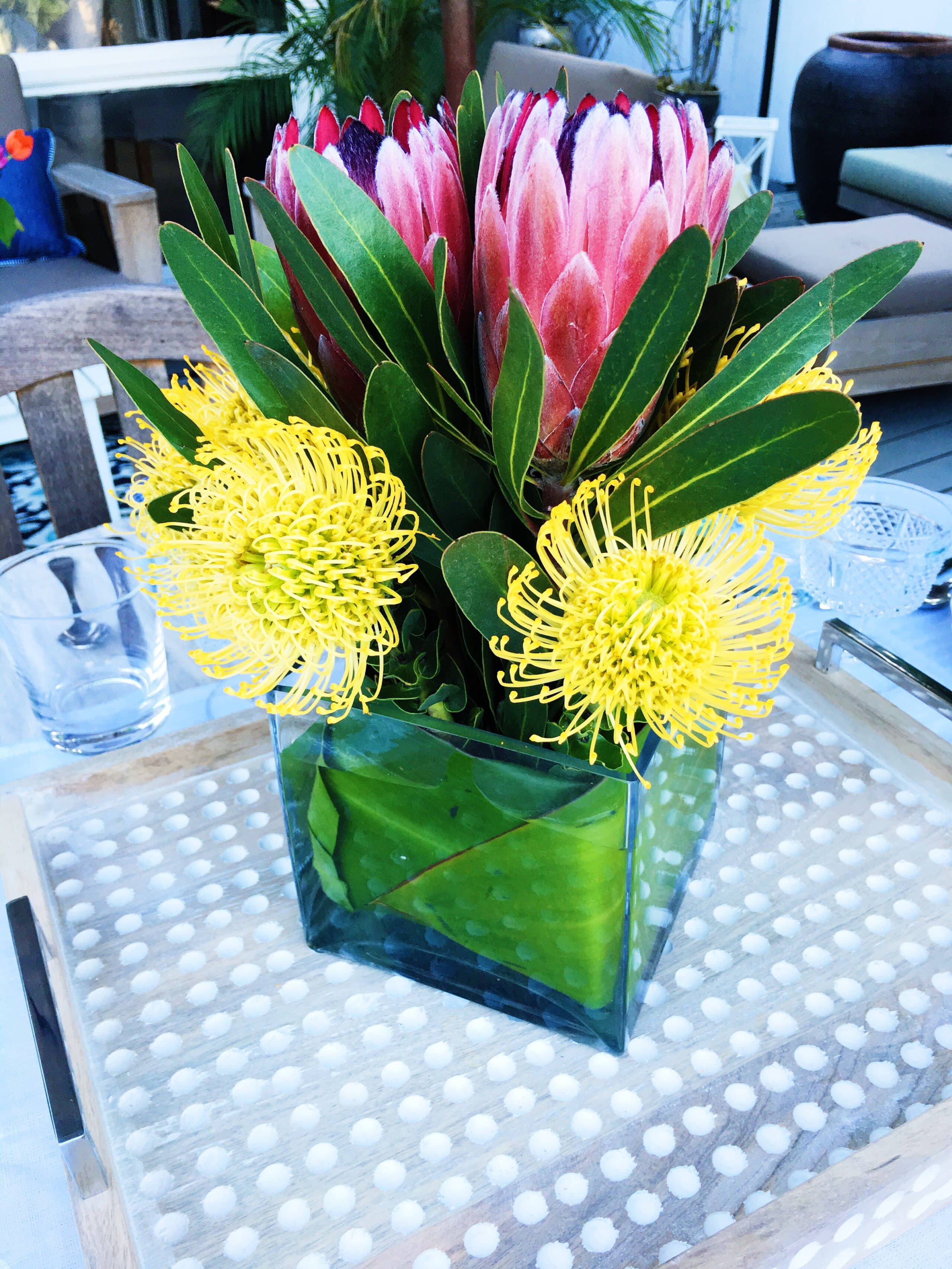 Spring Outdoor Entertaining Flowers Pink Proteas YellowPincushions