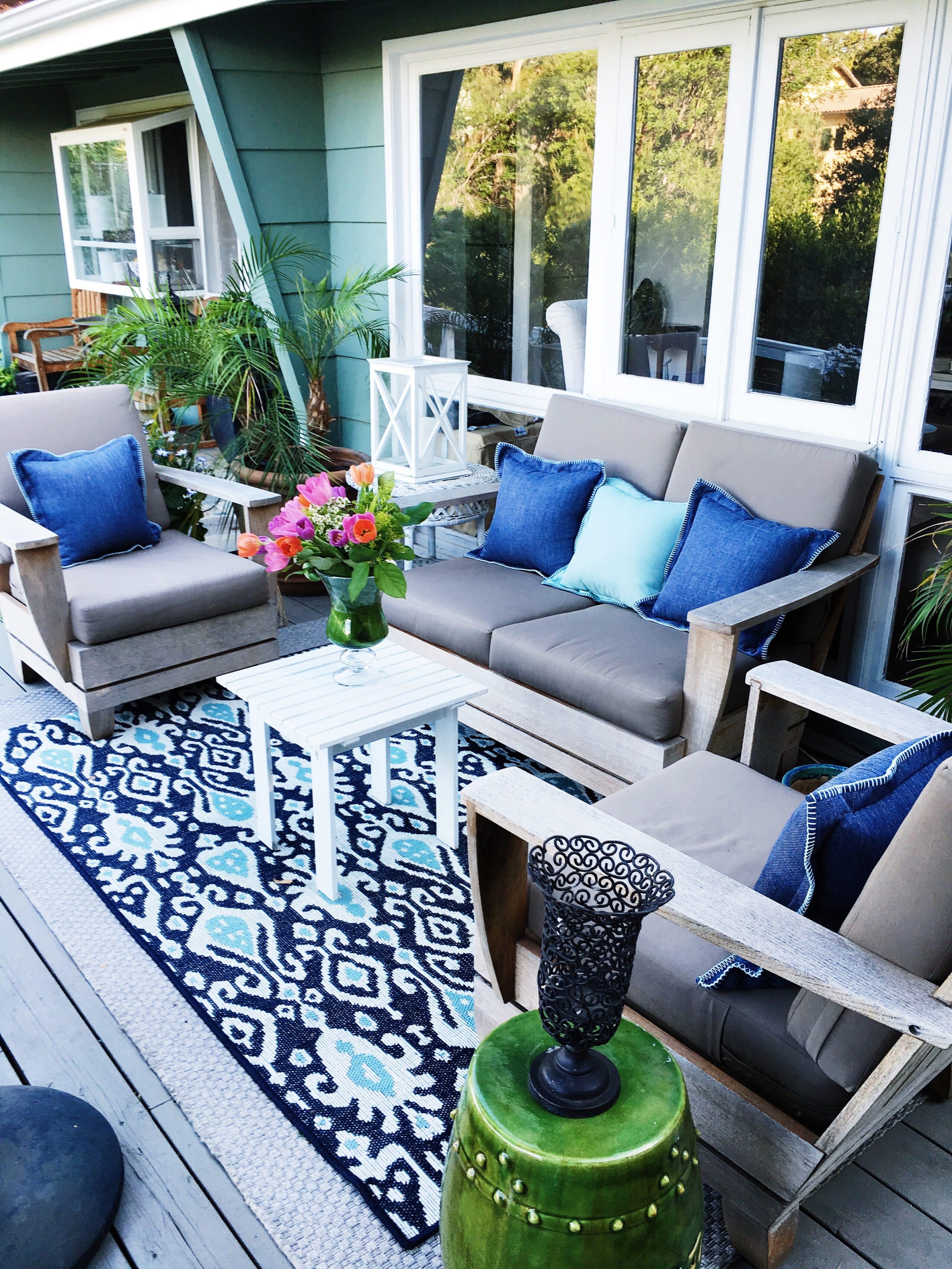 Deck makeover April 2016 blue ikat outdoor rug