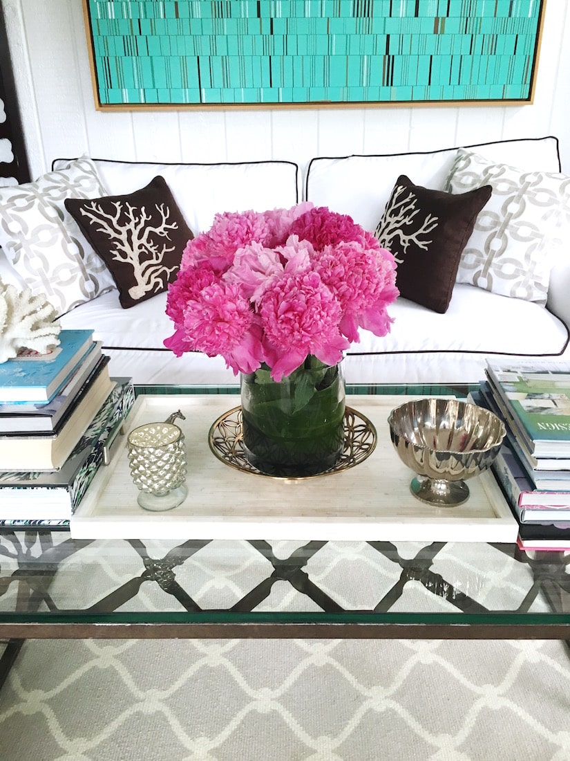 living room decor pink peonies coffee table