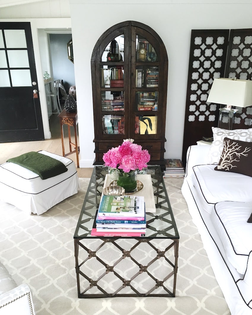living room decor pink peonies metal glass coffee table
