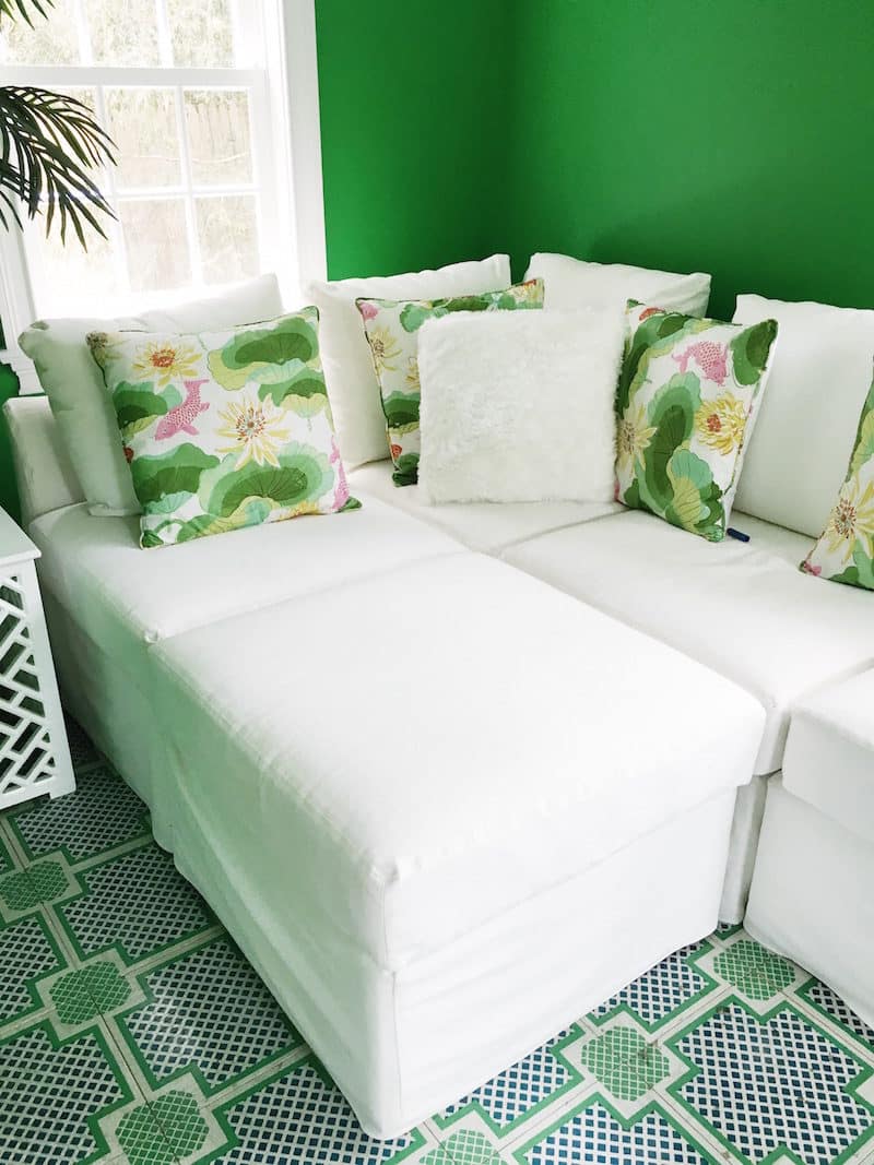 Gorgeous Green Home Office East Hampton White Couch Tropical Pillows