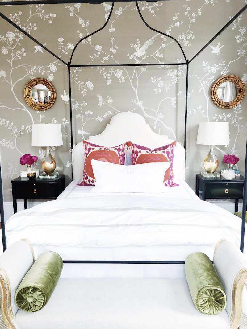 Bright White Bedroom Pink Pillows De Gournay Wallpaper
