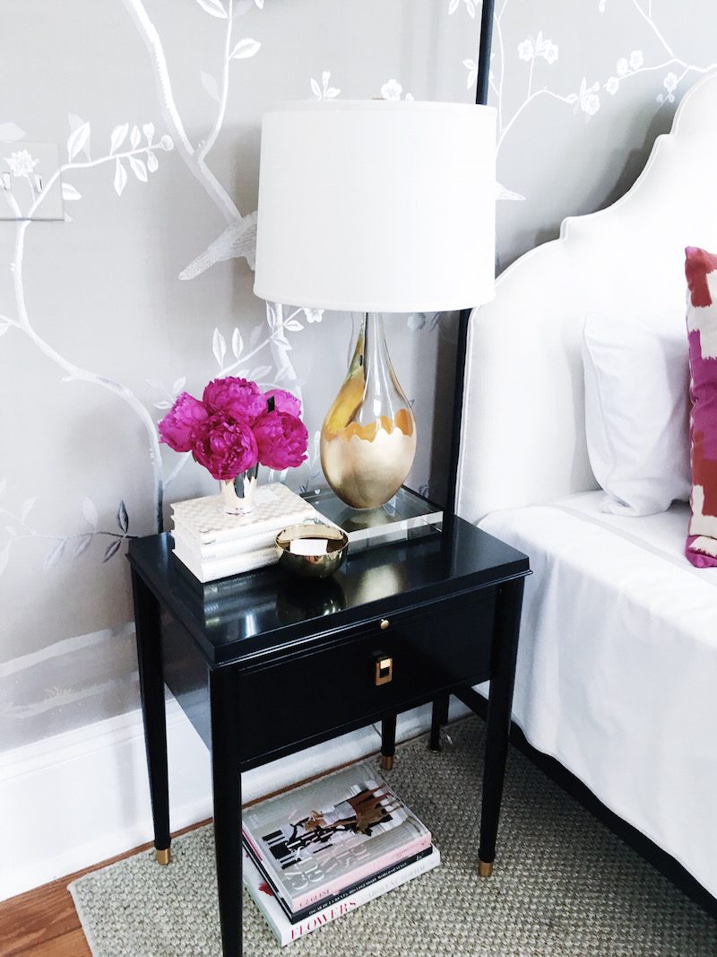 Bright While Bold Color Black Nightstand Fresh Flowers