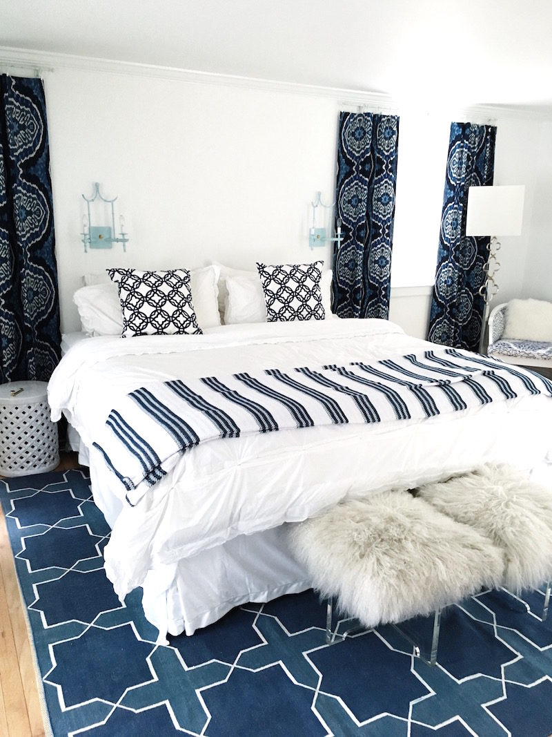 East Hampton Guest Bedroom Blue Madeline Weinrib Rug Cococozy Pillows