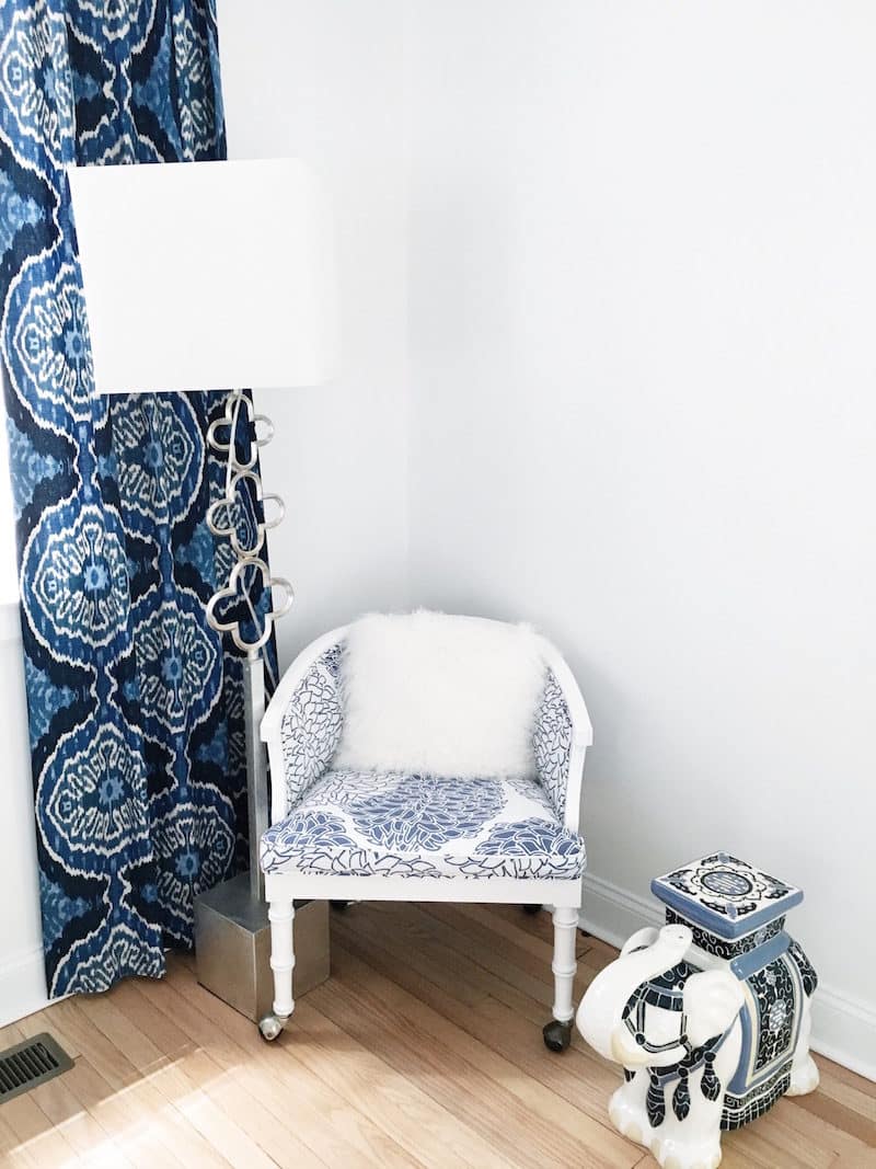 Blue White Guest Bedroom Reading Nook Lamp Blue Drapes