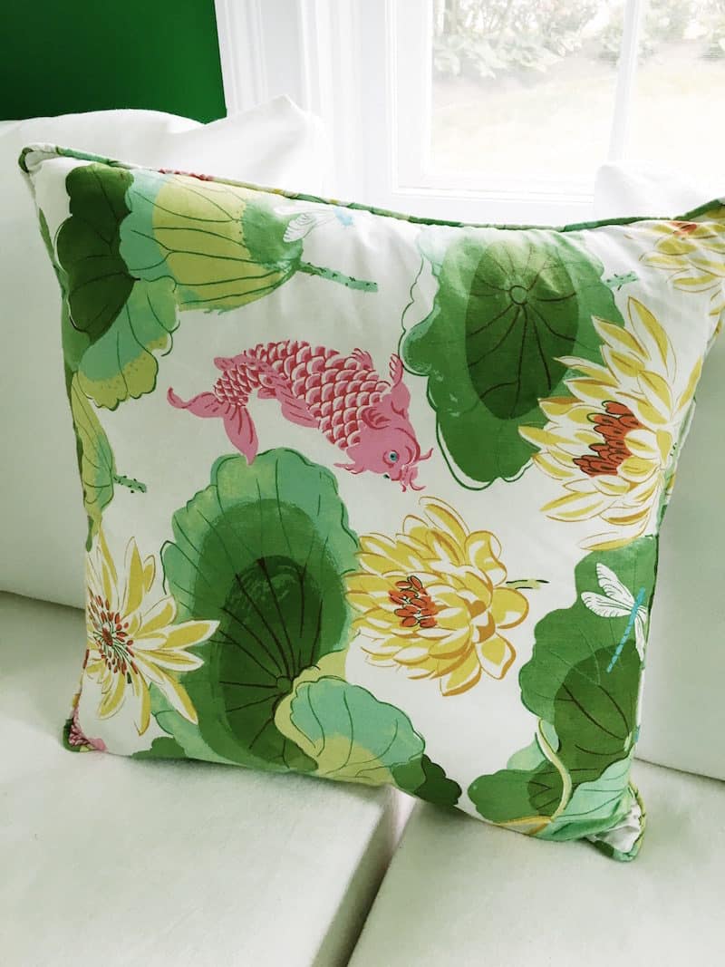 White Couch Green Tropical Koi Pillow Home Office
