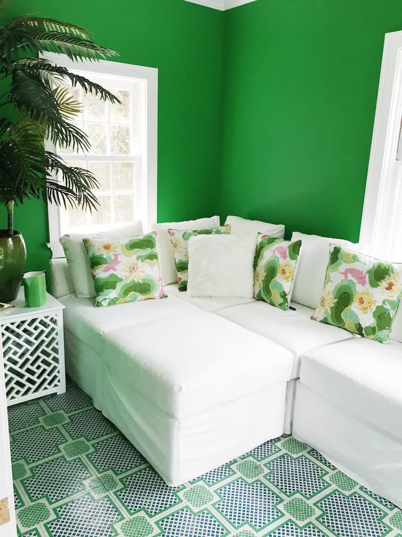 White Couch Green Walls Mirth Studios Painted Wood Tile Floors