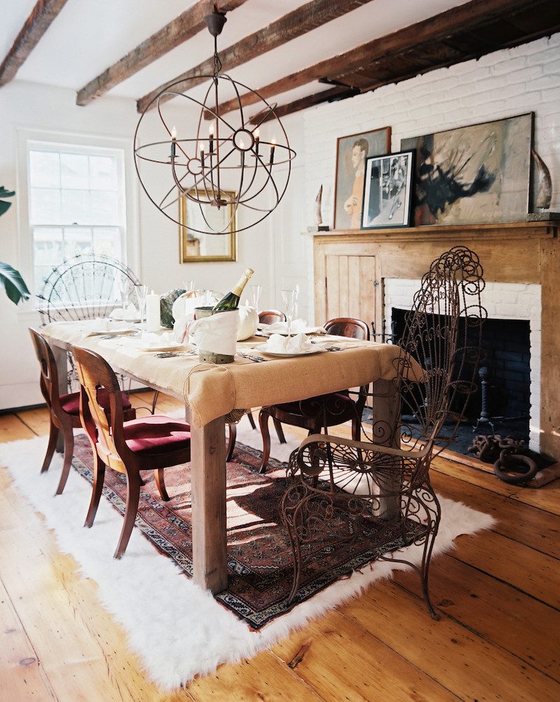 Wooden Dining Room Table Iron Chandelier Exposed Wooden Beams SAG Harbor Cottage 