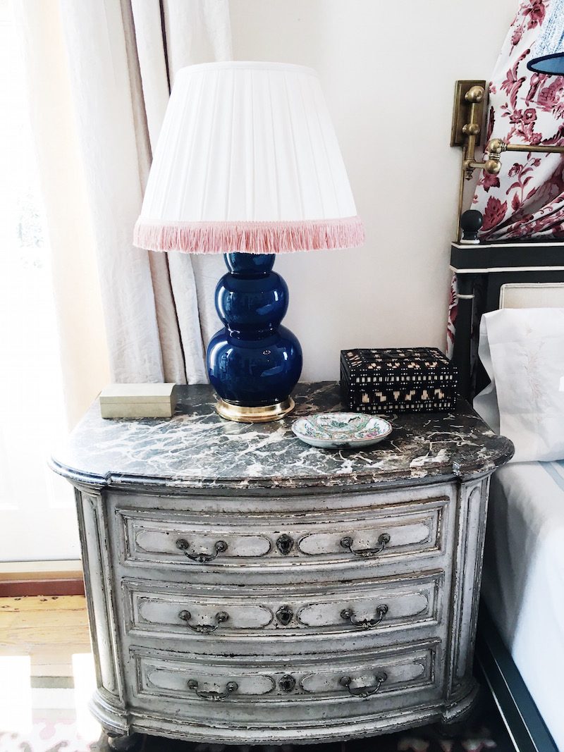 Toile Ticking Stripe Traditional Bedroom Grey Nightstand Marble Top