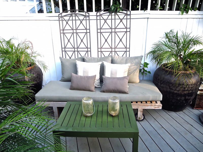 beautiful benches cococozy deck makeover taupe bench green table