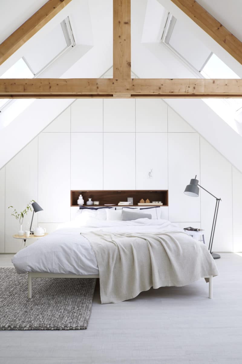 exposed beam bedrooms aframe ceiling bright white modern bedroom