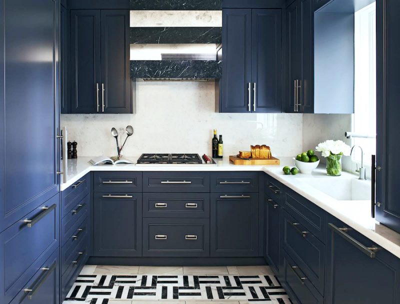 Navy Blue Galley Kitchen Black White Marble Floor