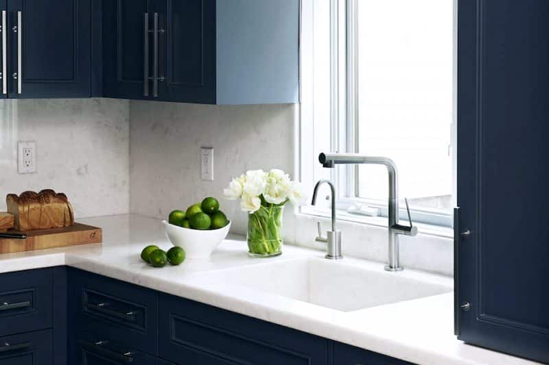 Navy blue galley kitchens stone sink