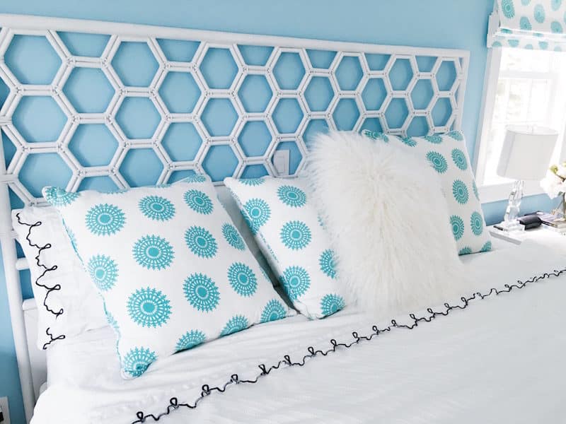 East Hampton Master Bedroom Honeycomb Headboard White Bedding COCOCOZY Pillows