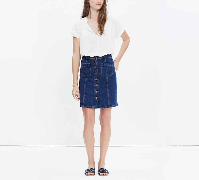Madewell denim skirt button front white shirt flat slip on sandals