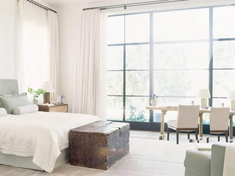 Modern Rustic California Home Master Bedroom Floor Ceiling Steel Windows Seafoam Green White Bedding