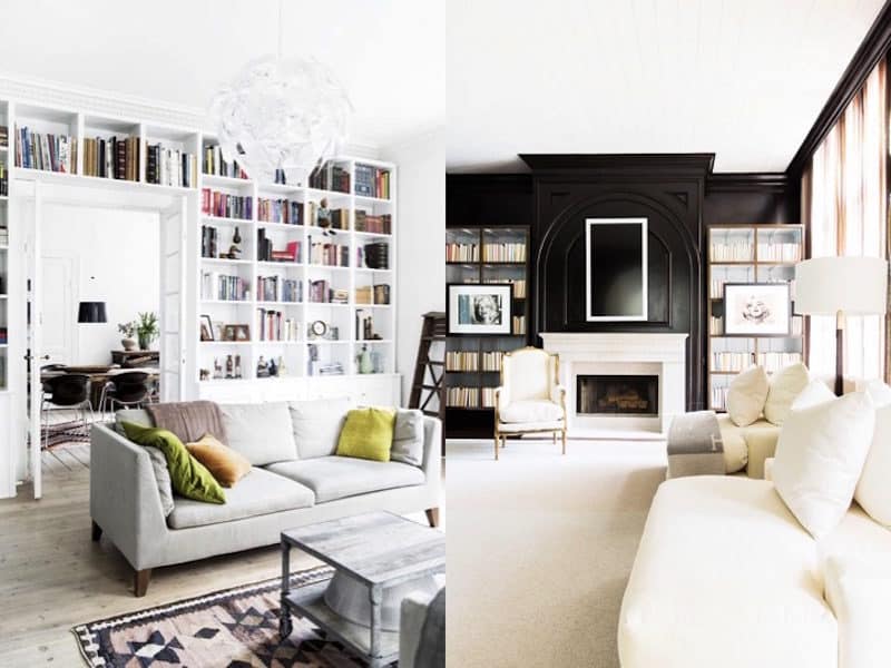 black white living rooms built in bookshelves