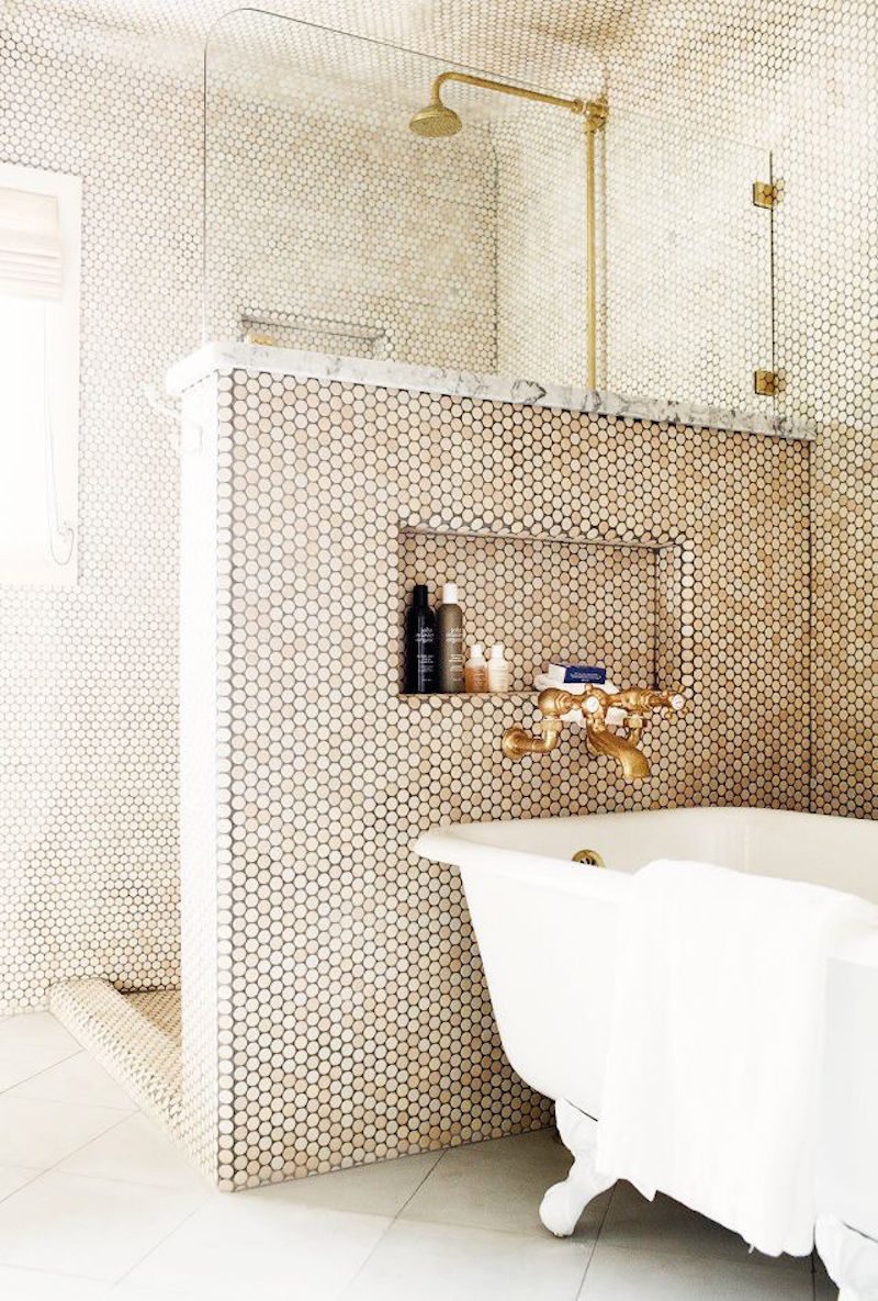 taupe penny round tile bathroom