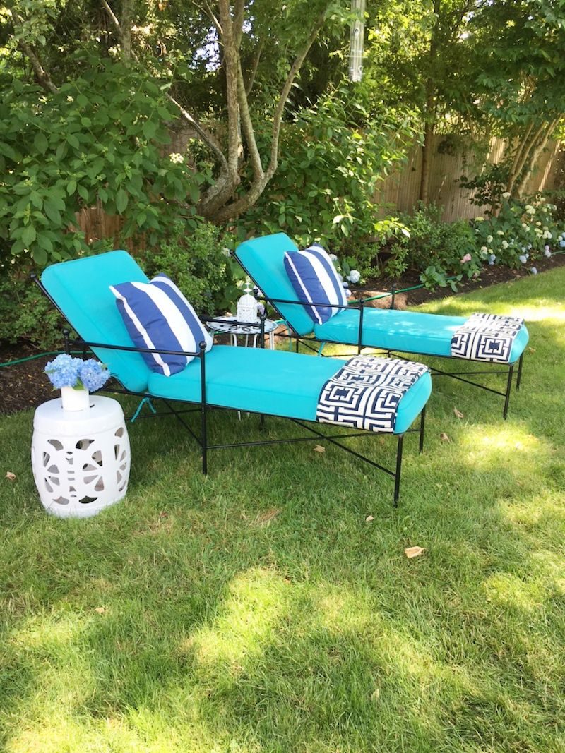Lounge Area Turquoise Chaise Lounge Chairs Side Table Striped Pillows Cococozy Throw