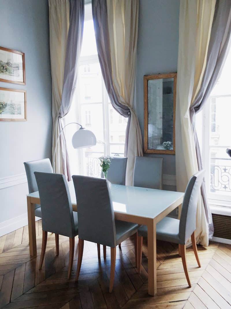 Paris dining room chevron floors table chairs drapery