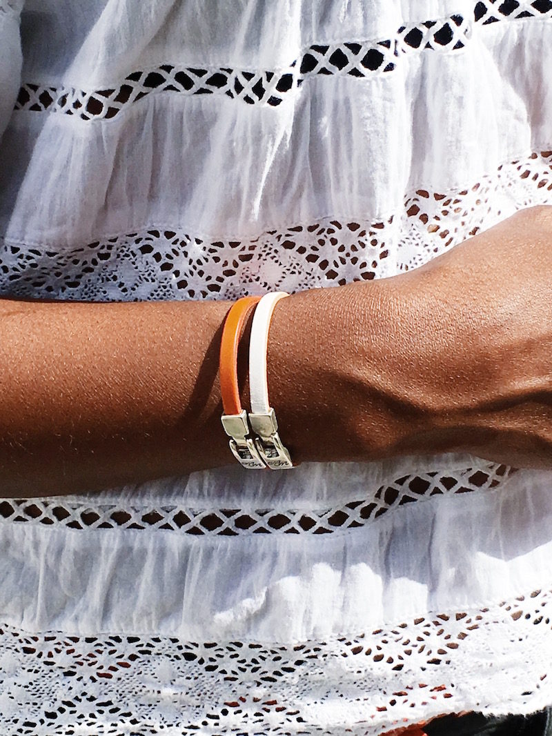 orange fashion accessories orange bracelets white top