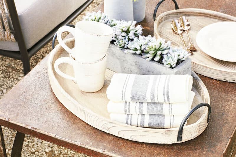 rustic outdoor entertaining coffee table mugs napkins
