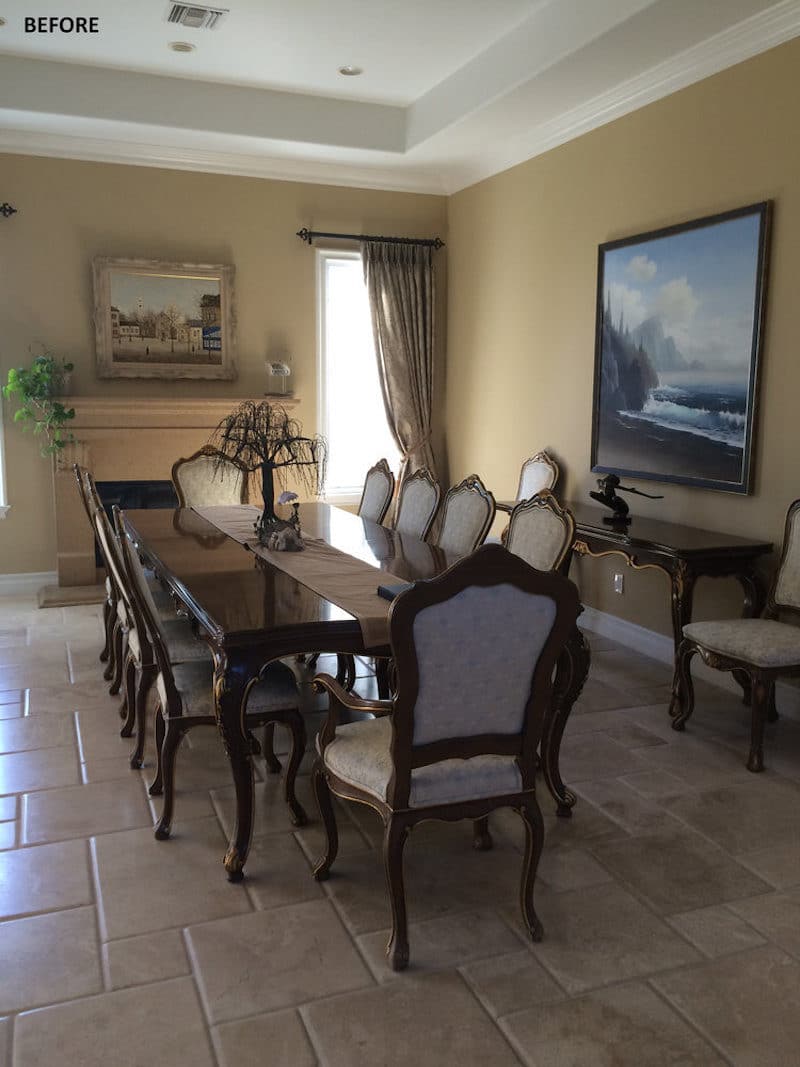 california home remodel dining room before dark brown cream upholstered chairs drapes gold walls