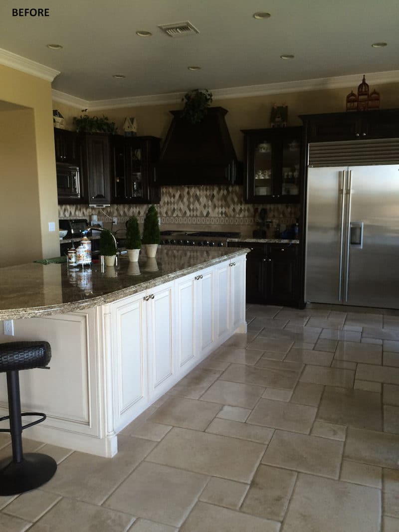 california home remodel kitchen before dark gold walls tile floors 